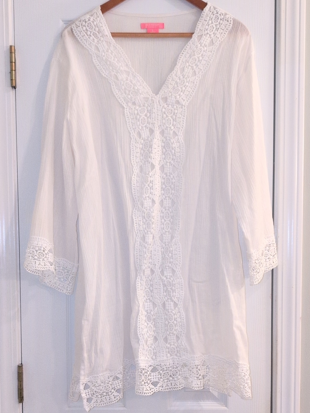Isaac Mizrahi White Crochet-Trim V-Neck Tunic